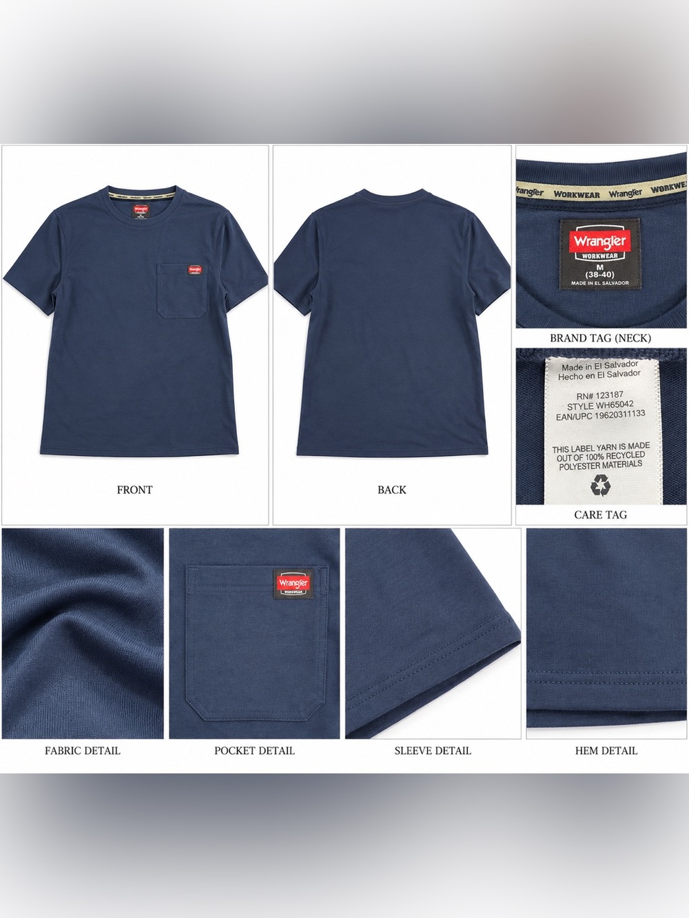 Wrangler Workwear Men’s M Navy Blue Short Sleeve Pocket T-Shirt Recycled Poly